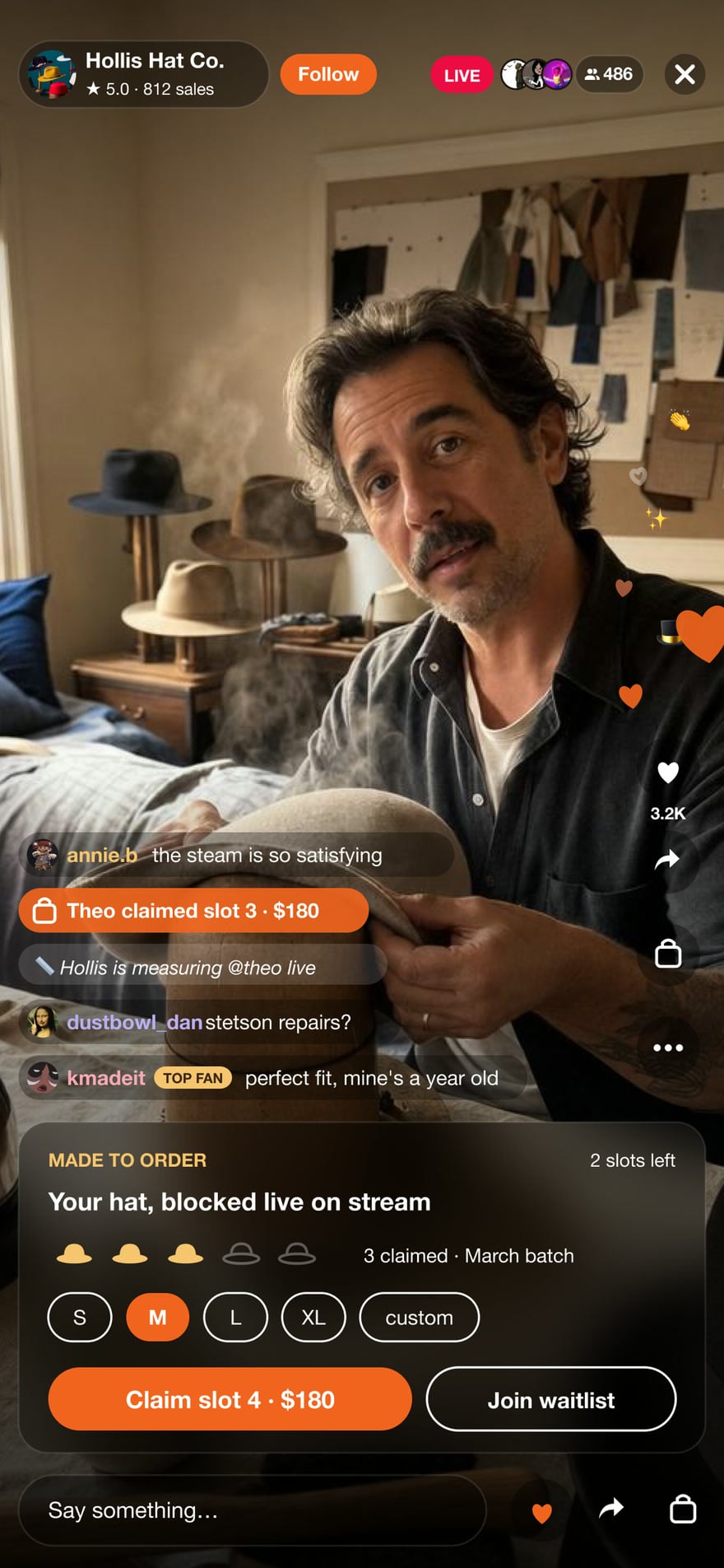 Made to order stream: a hat maker blocks a custom hat live while buyers claim slots